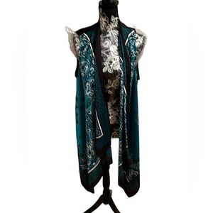 Michael Kors size LG-XL black & teal silk vest paisley print waterfall front